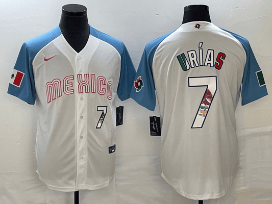 Men's Mexico Baseball #7 Julio UrÃ­as 2023 White Blue World Baseball Classic With Patch Stitched Jersey