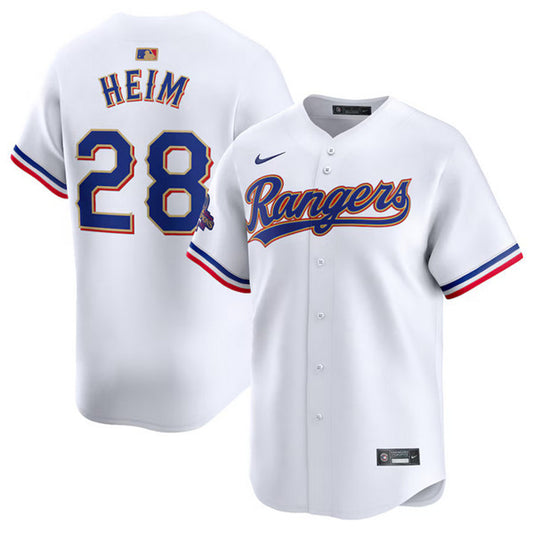 Men's Texas Rangers #28 Jonah Heim White 2024 Gold Collection Cool Base Baseball Stitched Jersey