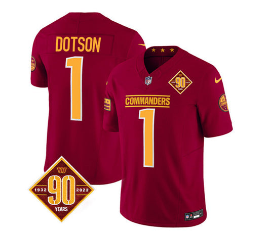 Men's Washington Commanders #1 Jahan Dotson Burgundy 2023 F.U.S.E. 90th Anniversary Vapor Limited Football Stitched Jersey