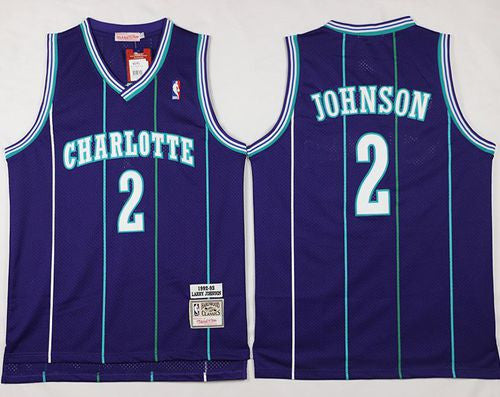 Mitchell And Ness Hornets #2 Larry Johnson Purple Throwback Stitched Basketball Jersey