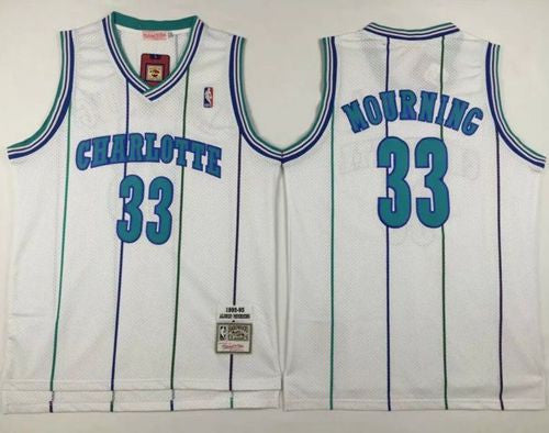 Mitchell And Ness Hornets #33 Alonzo Mourning White Throwback Stitched Basketball Jersey