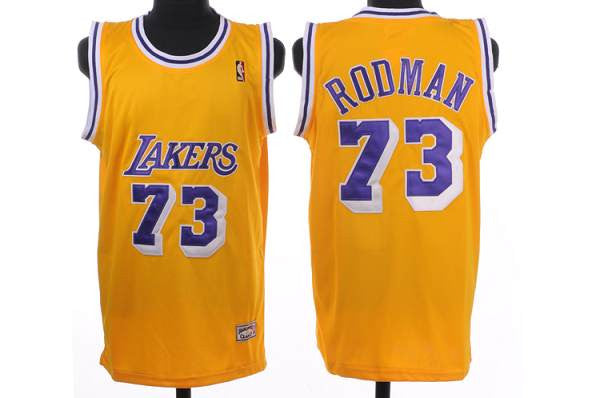 Mitchell and Ness Lakers #73 Dennis Rodman Stitched Yellow Throwback Basketball Jersey