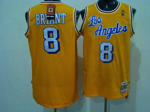 Mitchell and Ness Lakers #8 Kobe Bryant Yellow Crabbed Letter Stitched Throwback Basketball Jersey