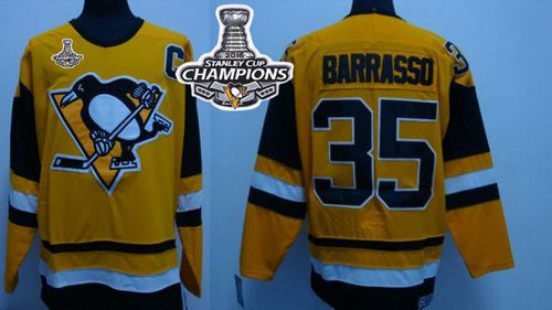 Mitchell&Ness Penguins #35 Tom Barrasso Yellow 2016 Stanley Cup Champions Stitched Hockey Jersey