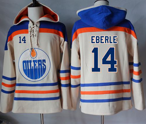 Oilers #14 Jordan Eberle Cream Sawyer Hooded Sweatshirt Stitched Hockey Jersey