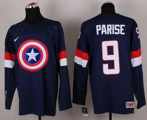 Olympic Team USA #9 Zach Parise Navy Blue Captain America Fashion Stitched Hockey Jersey