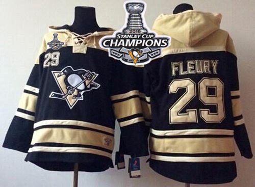 Penguins #29 Andre Fleury Black Sawyer Hooded Sweatshirt 2016 Stanley Cup Champions Stitched Hockey Jersey