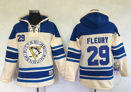 Penguins #29 Andre Fleury Cream Sawyer Hooded Sweatshirt Stitched Hockey Jersey