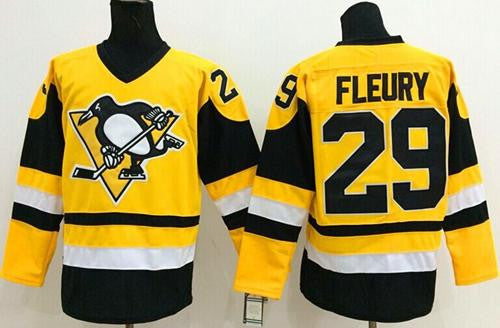 Penguins #29 Andre Fleury Yellow Throwback Stitched Hockey Jersey