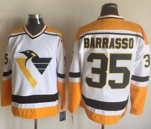 Penguins #35 Tom Barrasso White/Yellow CCM Throwback Stitched Hockey Jersey