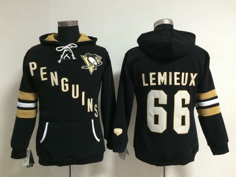 Penguins 66 Lemieux Black Women Hooded Hockey Jersey