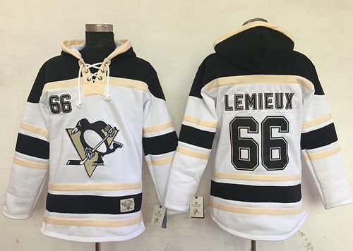 Penguins #66 Mario Lemieux White Sawyer Hooded Sweatshirt Stitched Hockey Jersey