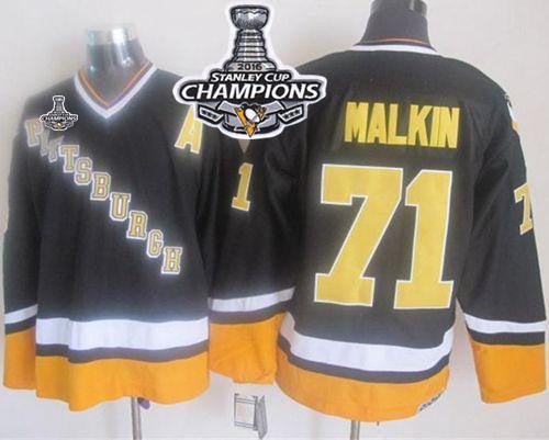 Penguins #71 Evgeni Malkin Black/Yellow CCM Throwback 2016 Stanley Cup Champions Stitched Hockey Jersey