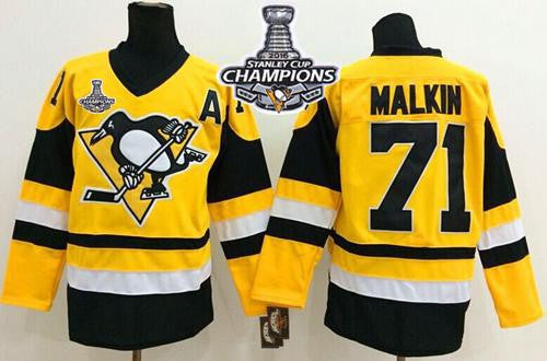 Penguins #71 Evgeni Malkin Yellow Throwback 2016 Stanley Cup Champions Stitched Hockey Jersey