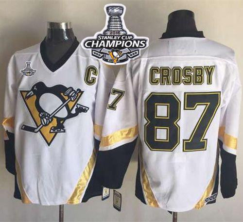 Penguins #87 Sidney Crosby White CCM Throwback 2016 Stanley Cup Champions Stitched Hockey Jersey