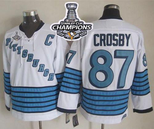 Penguins #87 Sidney Crosby White/Light Blue CCM Throwback 2016 Stanley Cup Champions Stitched Hockey Jersey