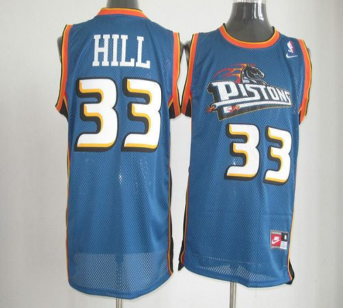 Pistons #33 Hill Blue Throwback Stitched Basketball Jersey