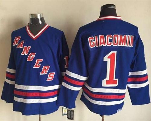 Rangers #1 Eddie Giacomin Blue CCM Heroes of Hockey Alumni Stitched Hockey Jersey