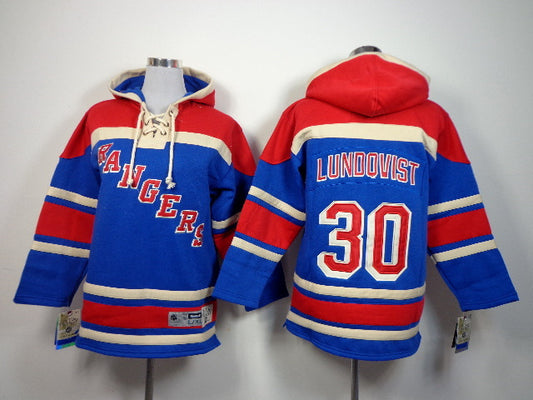 Rangers 30 Lundqvist Blue Hooded Youth Hockey Jersey