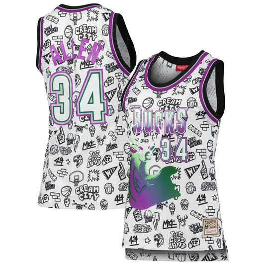 Ray Allen Milwaukee Bucks Women's 1996 Doodle Swingman Basketball Jersey - White