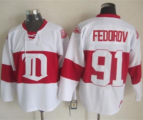 Red Wings #91 Sergei Fedorov White Winter Classic CCM Throwback Stitched Hockey Jersey