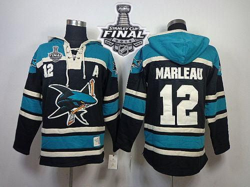 Sharks #12 Patrick Marleau Black Sawyer Hooded Sweatshirt 2016 Stanley Cup Final Patch Stitched Hockey Jersey