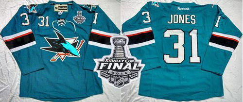 Sharks #31 Martin Jones Teal Home 2016 Stanley Cup Final Patch Stitched Hockey Jersey