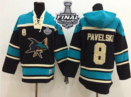 Sharks #8 Joe Pavelski Black Sawyer Hooded Sweatshirt 2016 Stanley Cup Final Patch Stitched Hockey Jersey