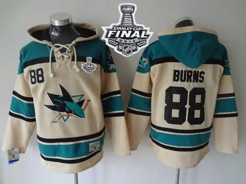 Sharks #88 Brent Burns Cream Sawyer Hooded Sweatshirt 2016 Stanley Cup Final Patch Stitched Hockey Jersey