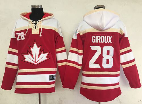 Team CA. #28 Claude Giroux Red Sawyer Hooded Sweatshirt 2016 World Cup Stitched Hockey Jersey