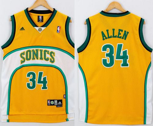 Thunder #34 Ray Allen Yellow/White SuperSonics Throwback Stitched Basketball Jersey