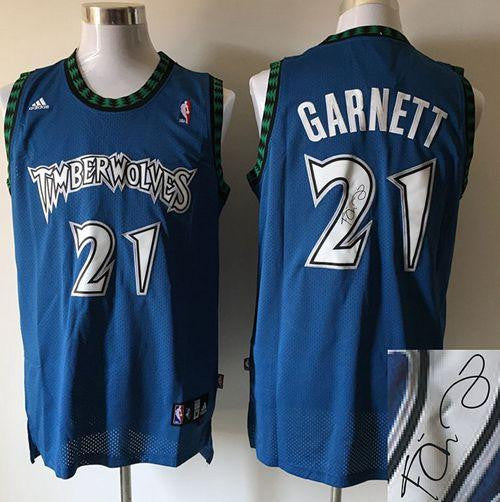 Timberwolves #21 Kevin Garnett Blue Autographed Stitched Basketball Jersey