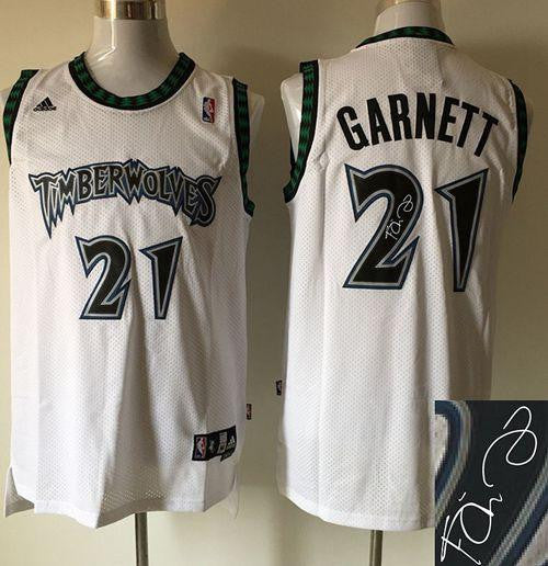 Timberwolves #21 Kevin Garnett White Autographed Stitched Basketball Jersey