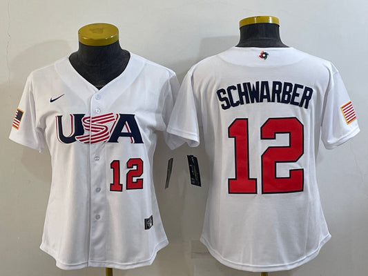 USA 12 Kyle Schwarber White Women 2023 World Baseball Classic Jersey