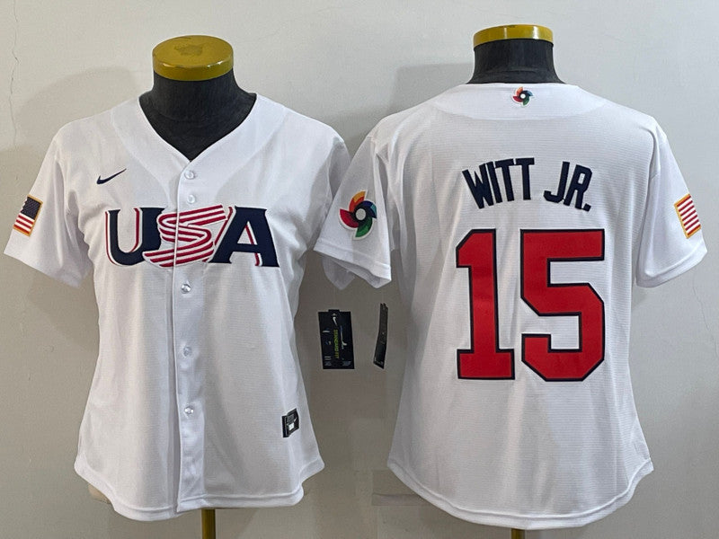 USA 15 Bobby Witt Jr. White Women 2023 World Baseball Classic Jerseys