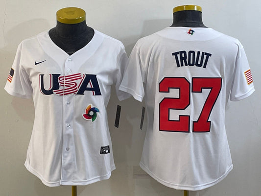 USA 27 Mike Trout White Women 2023 World Baseball Classic Jerseys