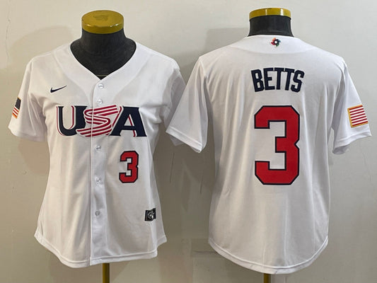 USA 3 Mookie Betts White Women 2023 World Baseball Classic Jersey