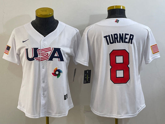 USA 8 Trea Turner White Women 2023 World Baseball Classic Jersey