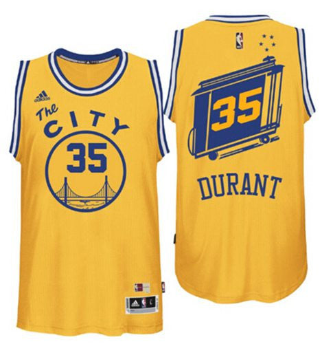 Warriors #35 Kevin Durant Gold Throwback The City Stitched Basketball Jersey