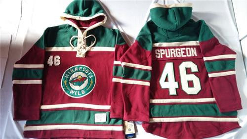 Wild #46 Jared Spurgeon Red Sawyer Hooded Sweatshirt Stitched Hockey Jersey