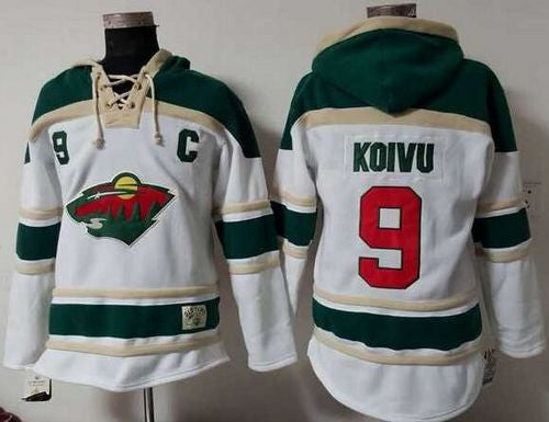 Wild #9 Mikko Koivu White Sawyer Hooded Sweatshirt Stitched Hockey Jersey