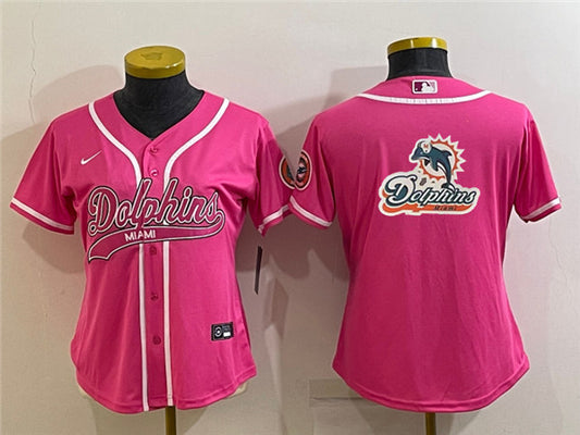 Women's Miami Dolphins Pink Team Big Logo With Patch Cool Base Stitched Baseball Jersey(Run Small)