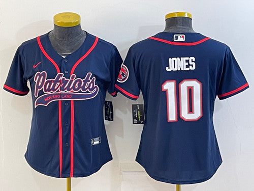 Women's New England Patriots #10 Mac Jones Navy With Patch Cool Base Stitched Baseball Jersey(Run Small)