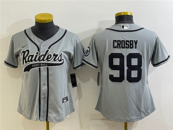 Women's Oakland Raiders #98 Maxx Crosby Grey With Patch Cool Base Stitched Baseball Jersey(Run Small)