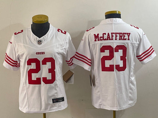 Women's San Francisco 49ers #23 Christian McCaffrey White 2023 F.U.S.E. Untouchable Football Stitched Jersey(Run Small)